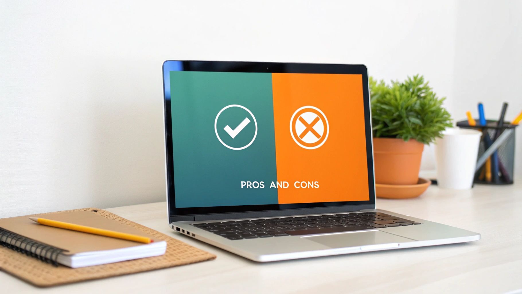 Laptop on a desk displaying 'Pros and Cons' with checkmark and cross, beside a notebook and plant.