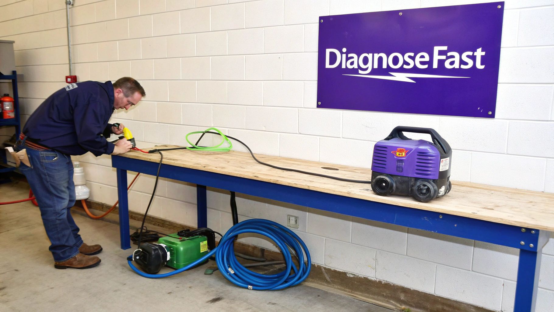 A technician works on a pressure washer system on a workbench in a workshop, with hoses and equipment.