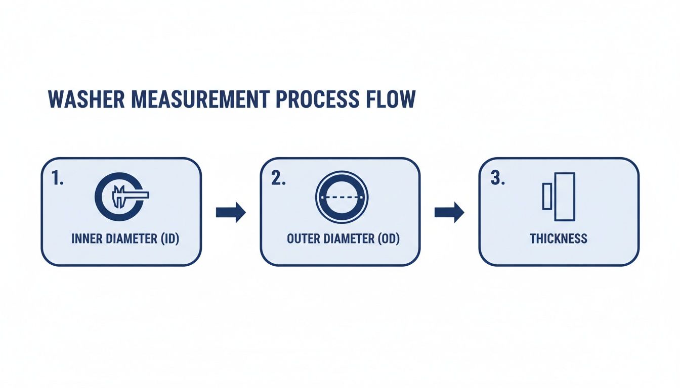 Flowchart illustrating the 3-step washer measurement process: inner diameter, outer diameter, and thickness.