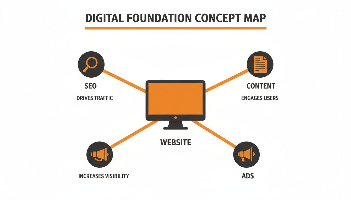 Digital foundation concept map showing a website central to SEO, content, ads, and visibility.