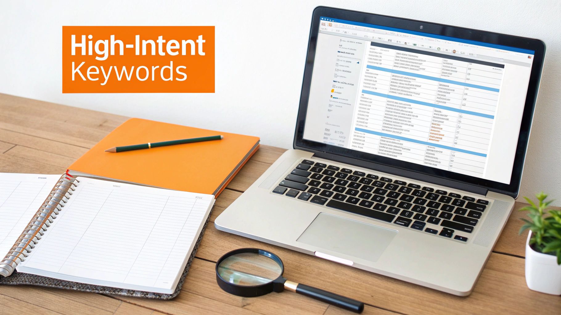 A desk with a laptop displaying keyword data, notebooks, pencil, and magnifying glass, illustrating high-intent keywords.