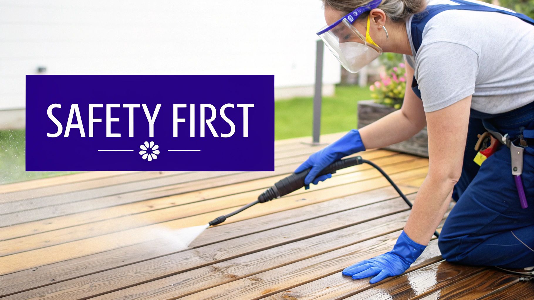 A person safely pressure washing a wooden deck, wearing a face shield, mask, and blue gloves, with 'SAFETY FIRST' text overlay.