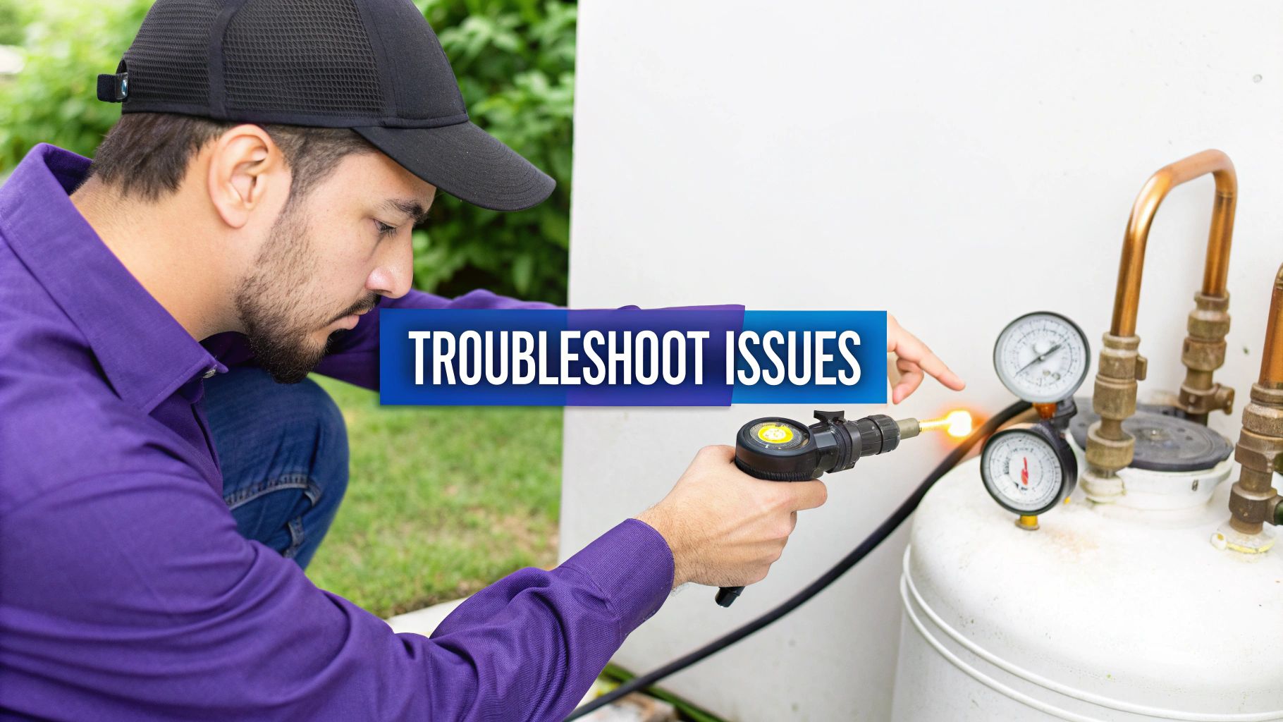 A technician in a purple shirt troubleshooting issues on an air compressor or water heater.