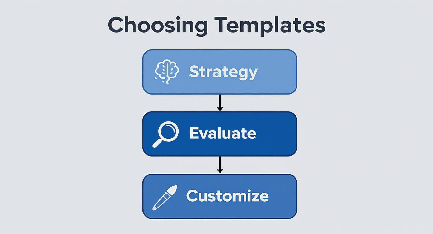 Flowchart illustrating three steps for choosing templates: Strategy, Evaluate, and Customize.