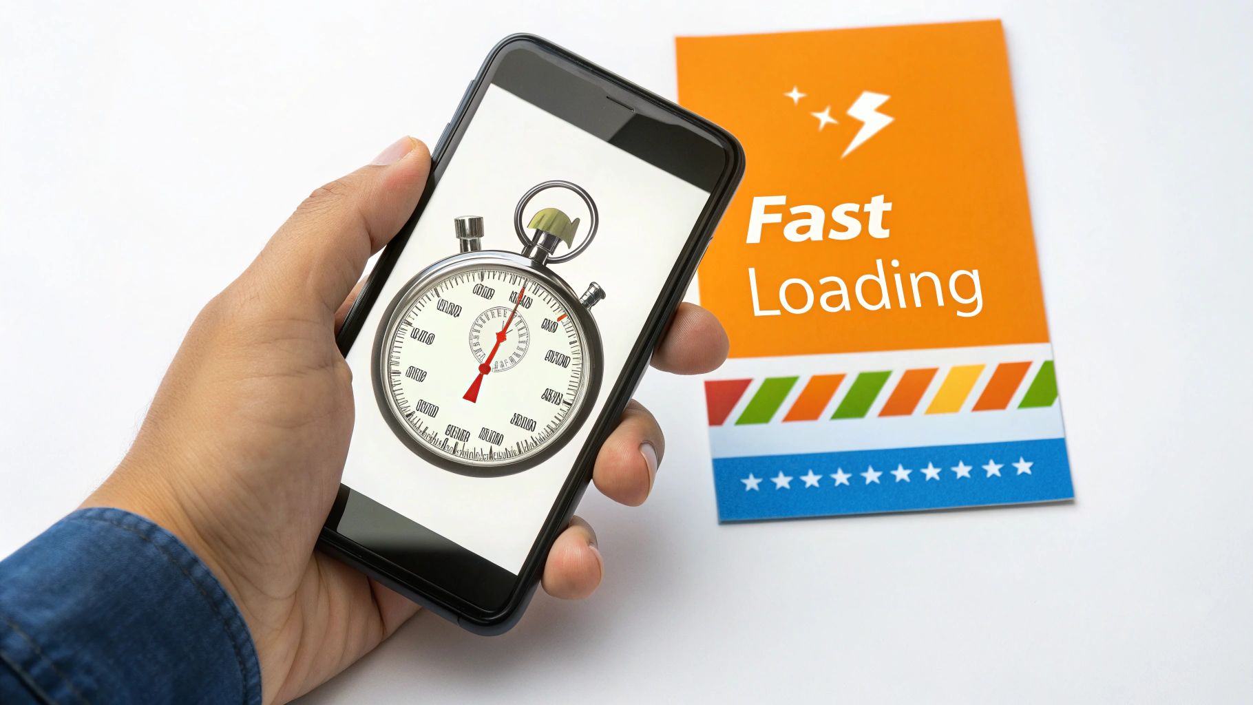 A hand holds a smartphone displaying a stopwatch, next to a card reading 'Fast Loading'.