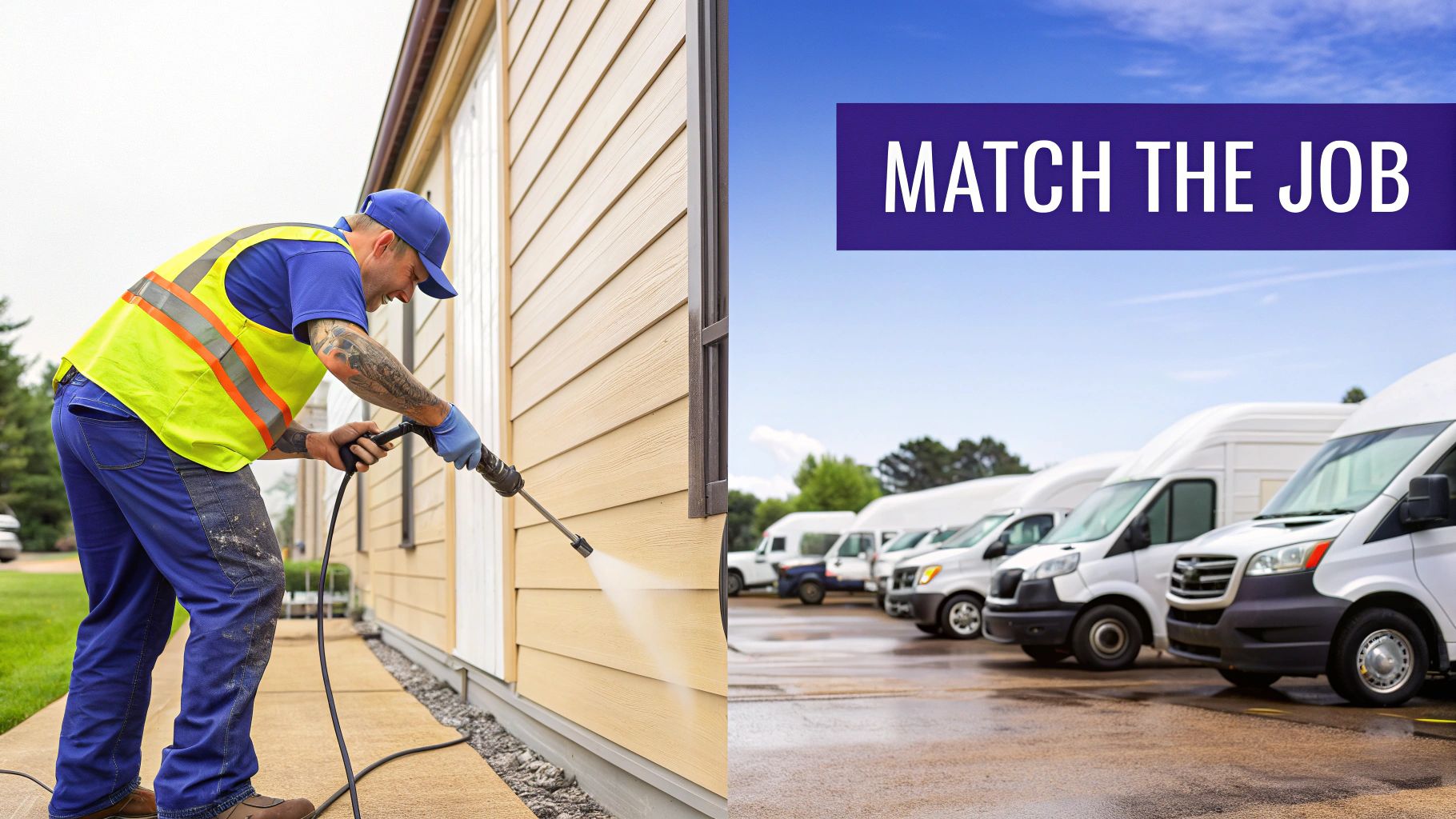 A man in uniform pressure washing a house, beside a line of white commercial vans and 'MATCH THE JOB' text.