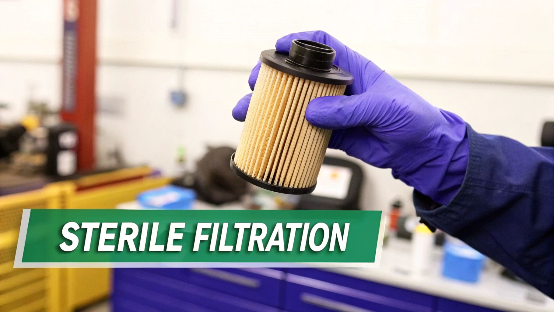 A gloved hand holds a new pleated filter element in a clean workshop, labeled 'STERILE FILTRATION'.