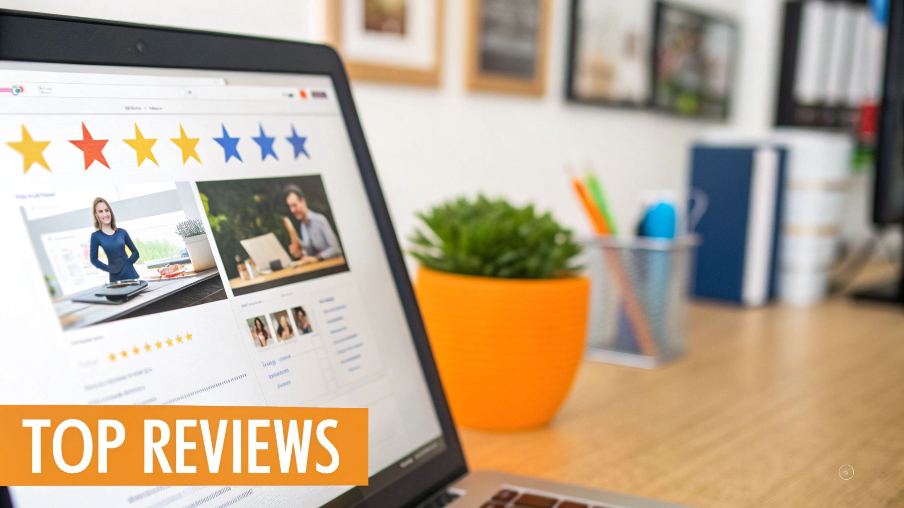 A laptop screen displaying a 'TOP REVIEWS' page with star ratings and user photos, on a desk with office items.