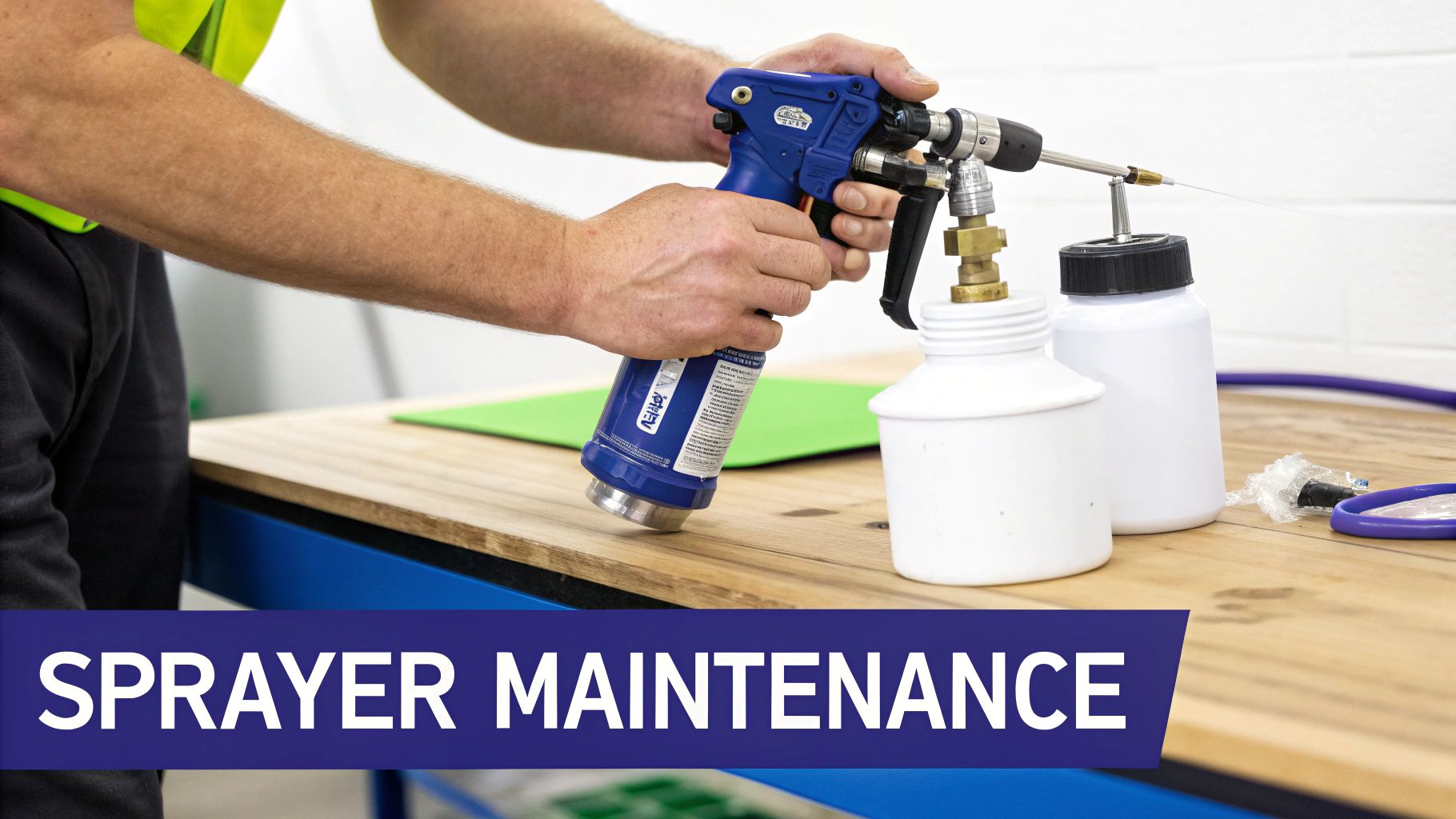 A person's hands holding a blue sprayer with fluid bottles on a workbench for maintenance.