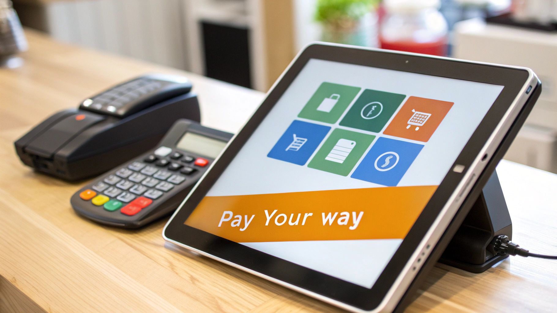A modern retail checkout counter featuring a tablet displaying payment options and a card terminal.