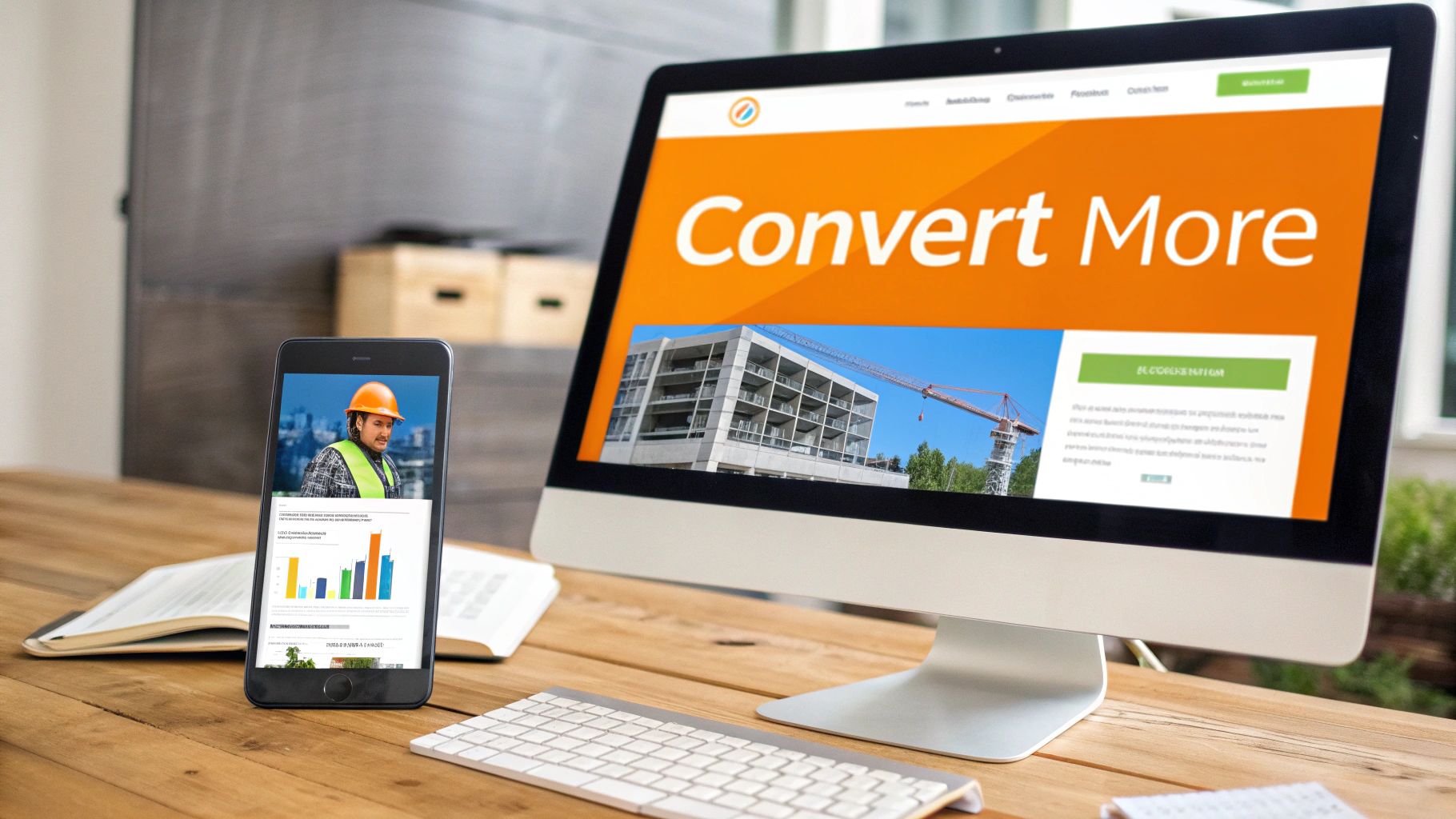 A desktop computer and smartphone on a wooden desk display construction marketing content, featuring a building, worker, and charts.