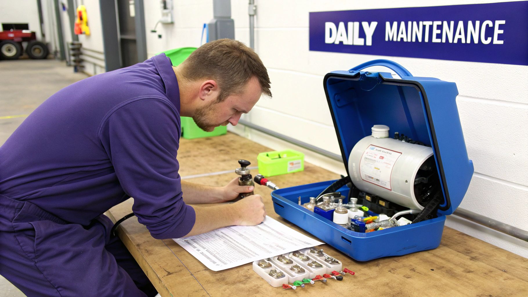A man in a purple jumpsuit works on a blue maintenance kit at a wooden table.