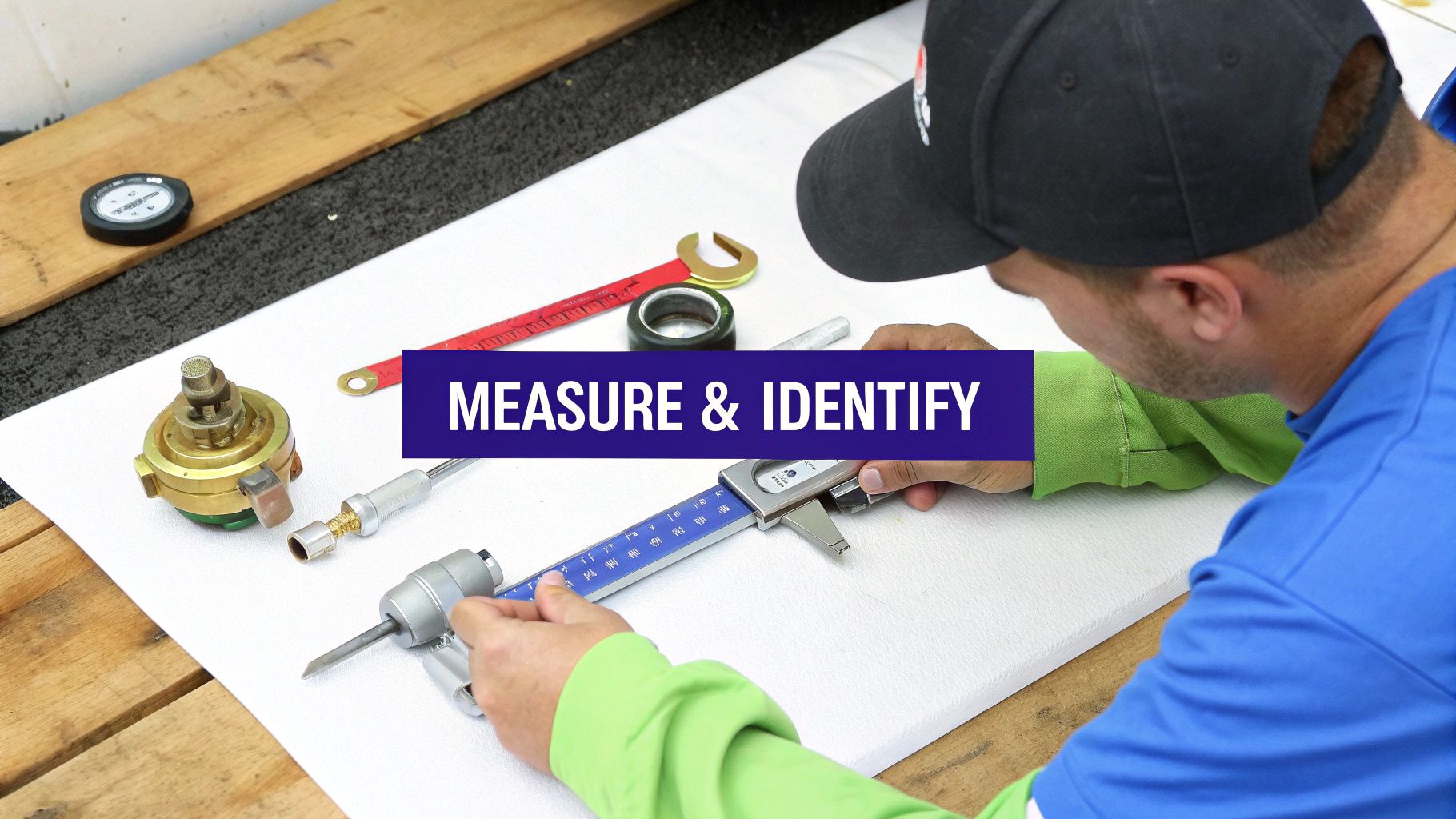 A person in a blue shirt and green sleeves uses calipers to measure a metal component on a white table.