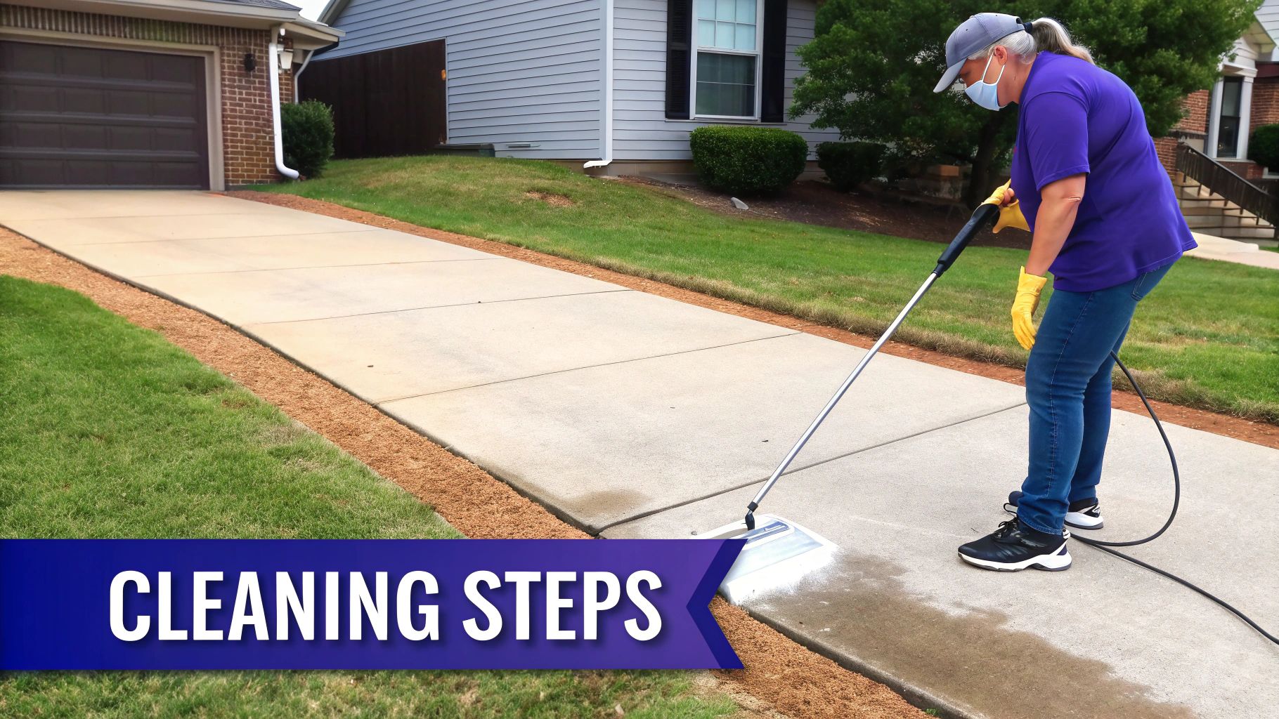 A person wearing a mask and gloves uses a power washer attachment to clean a dirty concrete sidewalk.
