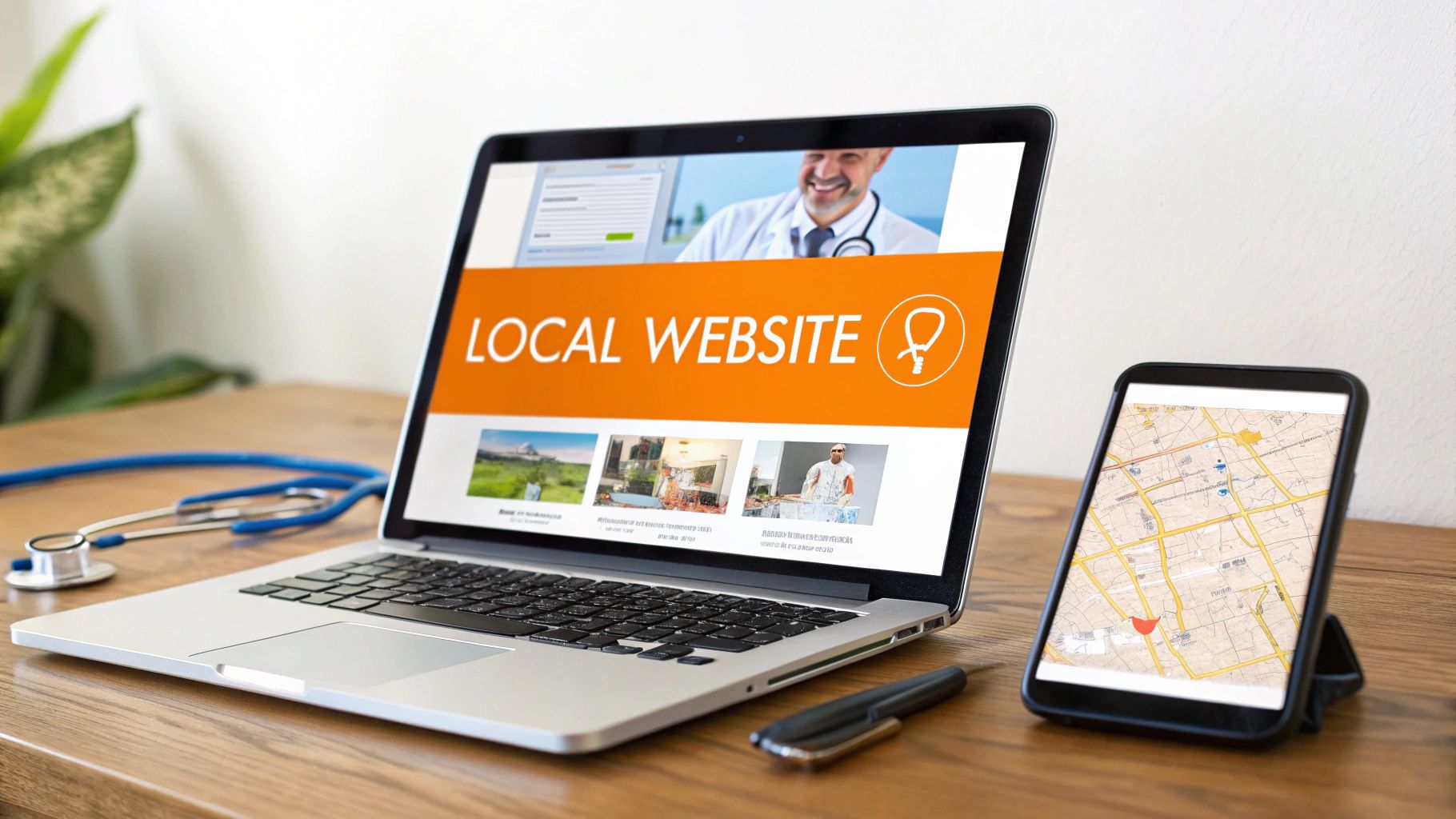 A laptop showing a 'LOCAL WEBSITE' with a doctor, a stethoscope, and a smartphone displaying a map.