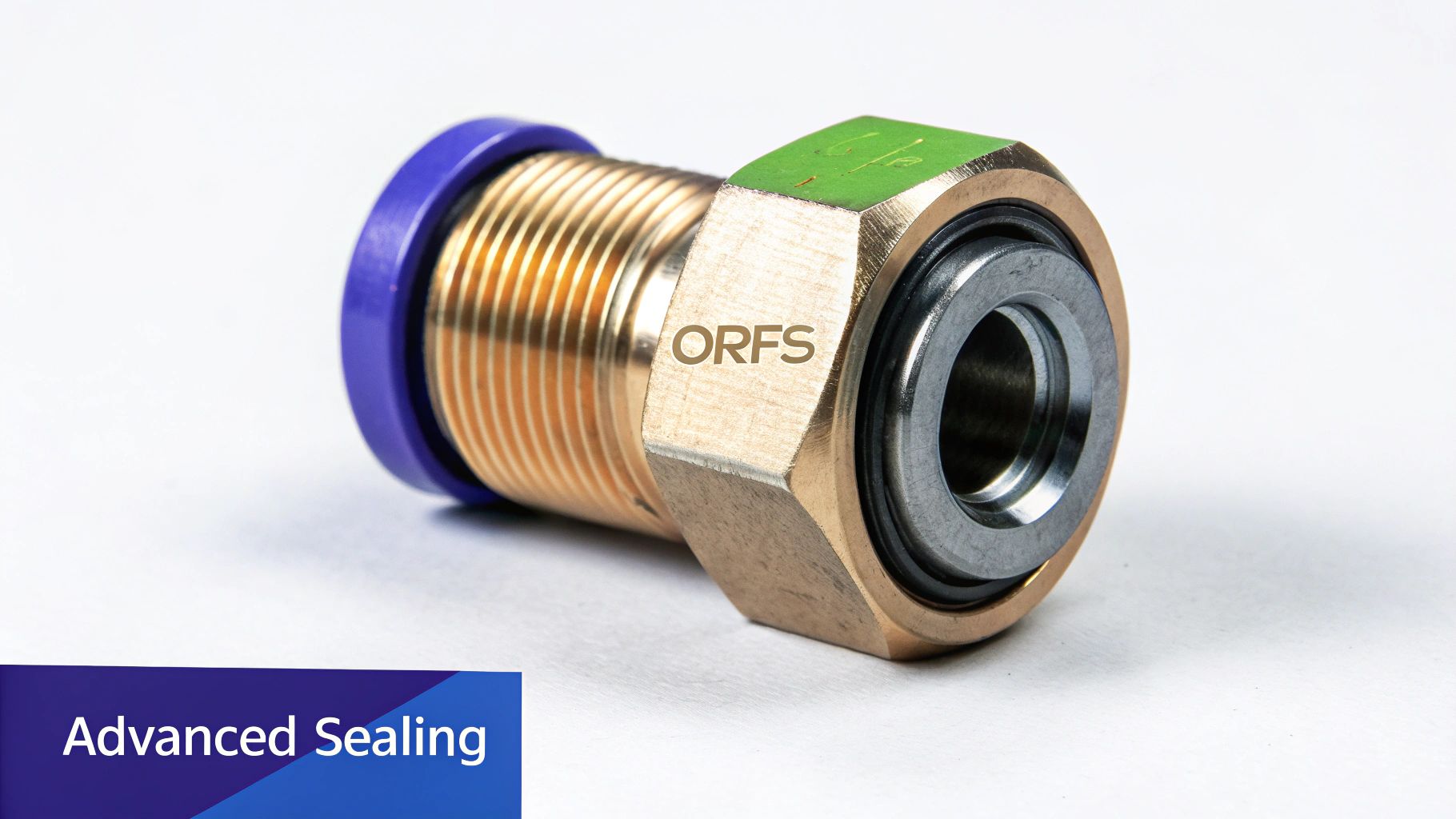 Close-up of a brass ORFS hydraulic fitting with advanced sealing capabilities, featuring threaded and hexagonal components.