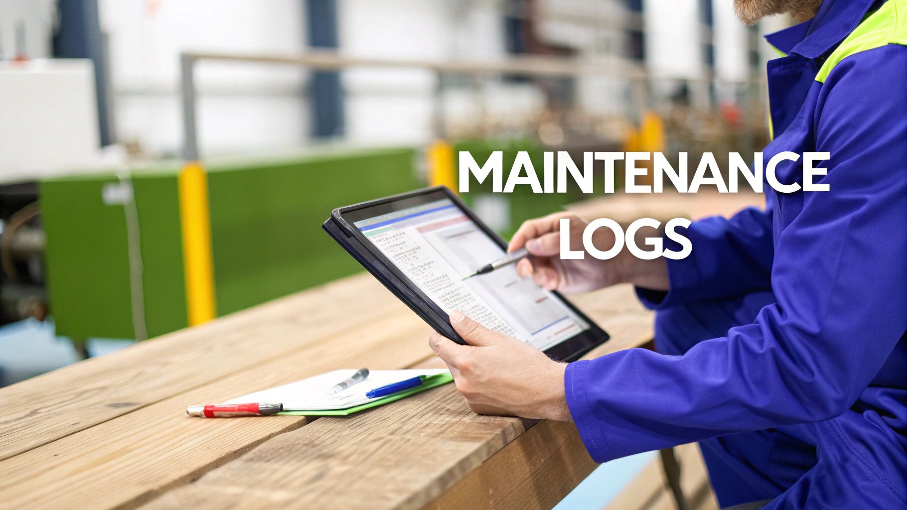 A worker in uniform uses a tablet and stylus to review digital maintenance logs in an industrial setting.