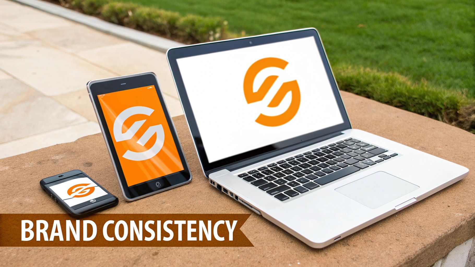 Three devices (laptop, tablet, smartphone) displaying a consistent orange logo, emphasizing brand consistency.