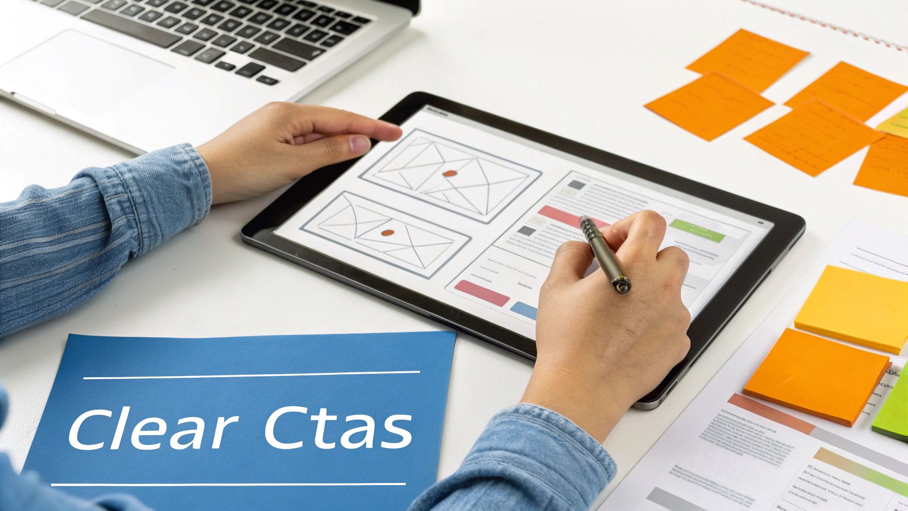 Person designing website layouts on a tablet, focusing on clear call-to-actions (CTAs) for conversion.