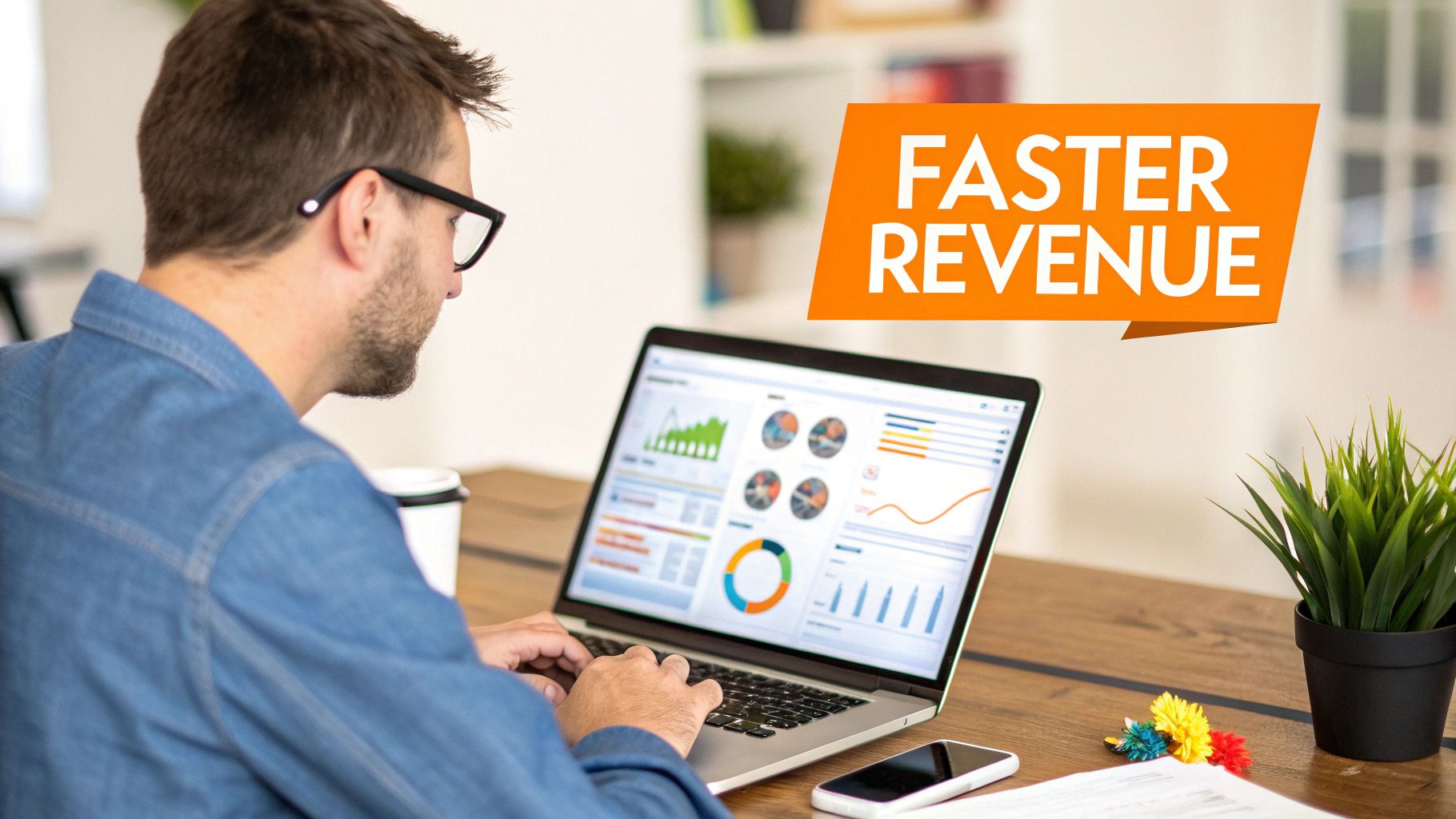 Over-the-shoulder view of a man on laptop with financial charts and a 'Faster Revenue' graphic.