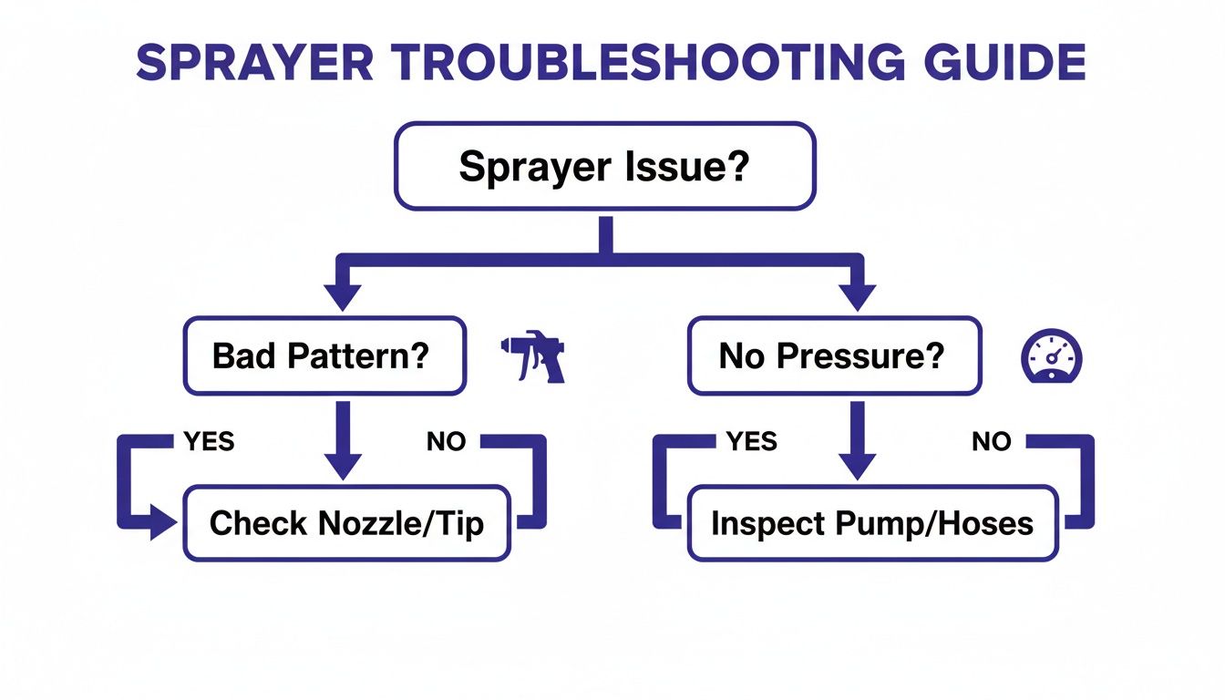 Flowchart for sprayer troubleshooting, addressing bad pattern by checking nozzle/tip and no pressure by inspecting pump/hoses.