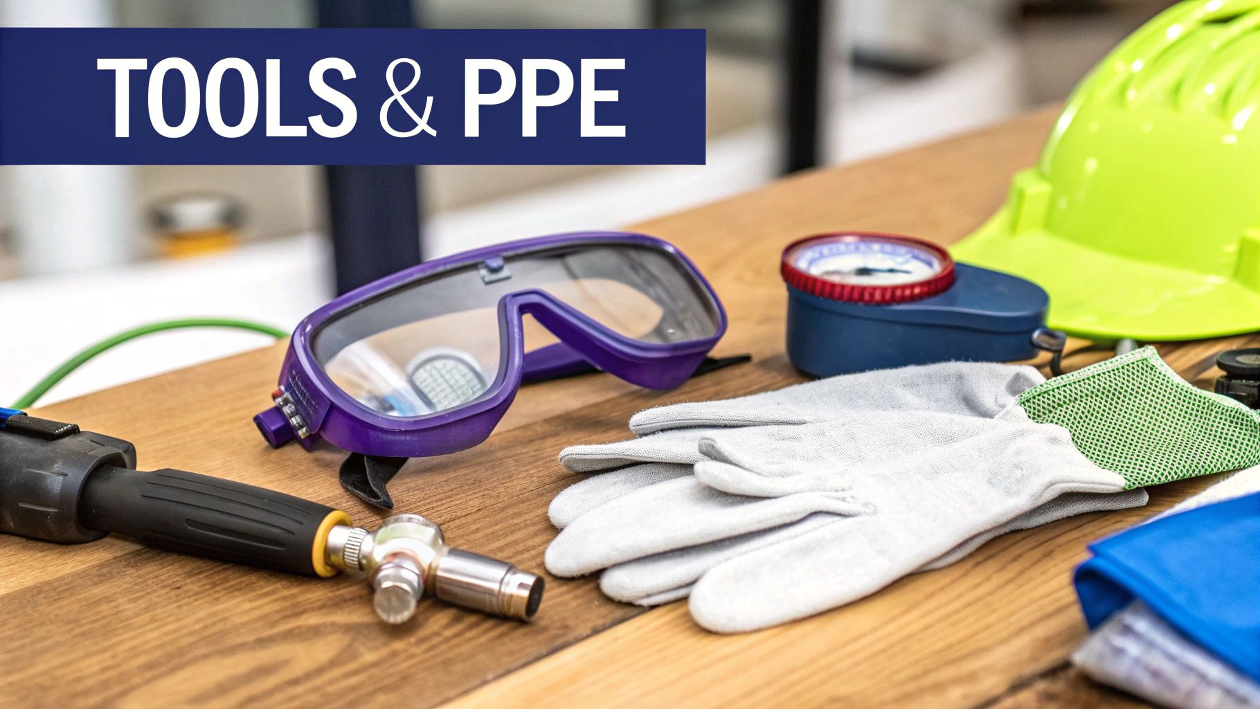 A collection of safety tools and personal protective equipment (PPE), including goggles, gloves, and a hard hat, laid on a wooden table.