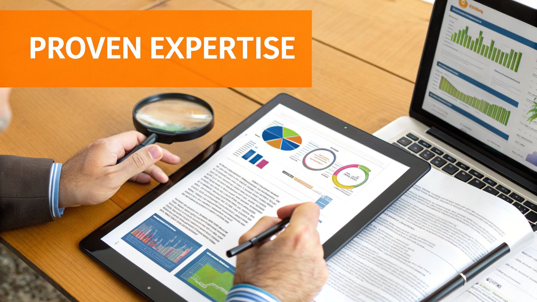 Person analyzing data on a tablet and laptop with charts, graphs, a magnifying glass, and a pen.