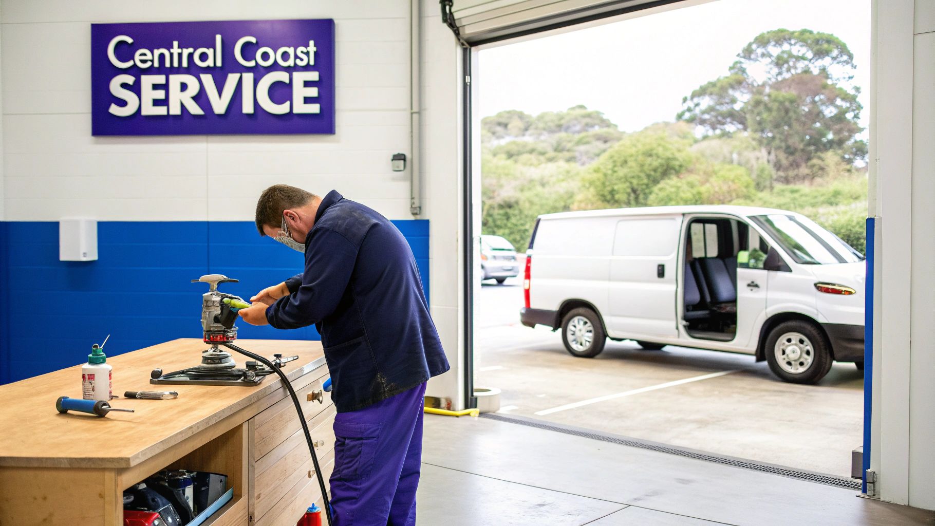 A technician in a service center works on equipment, with a white van parked outside the open garage.