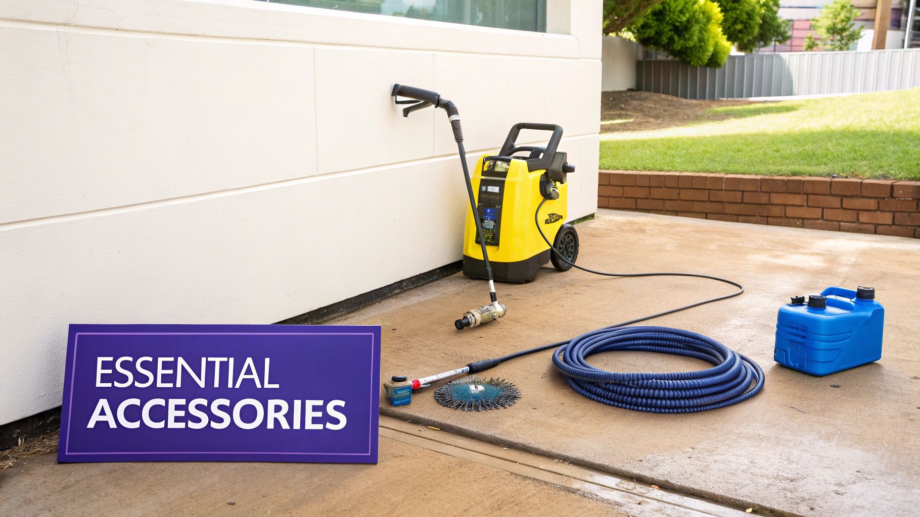 A yellow pressure washer with various essential accessories including a coiled blue hose and water tank on a patio.