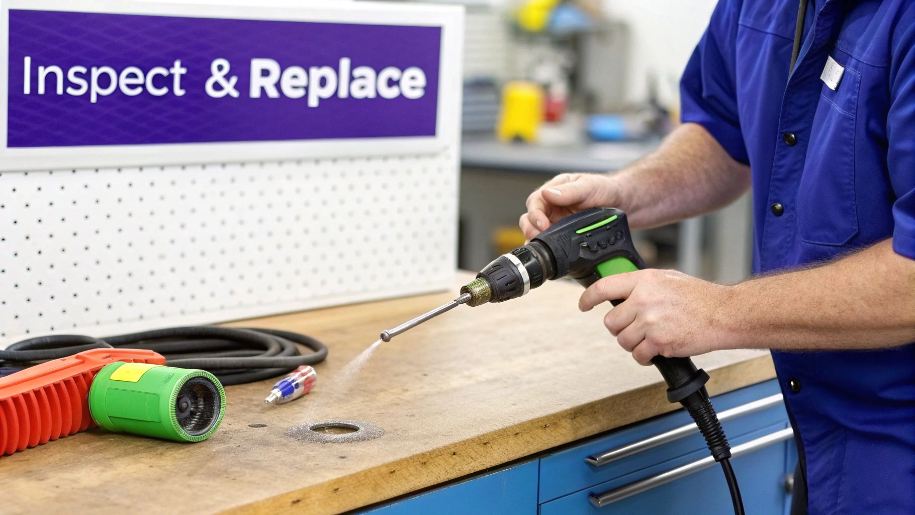 A person testing a power washer spray gun, spraying water onto a workbench next to other tools.