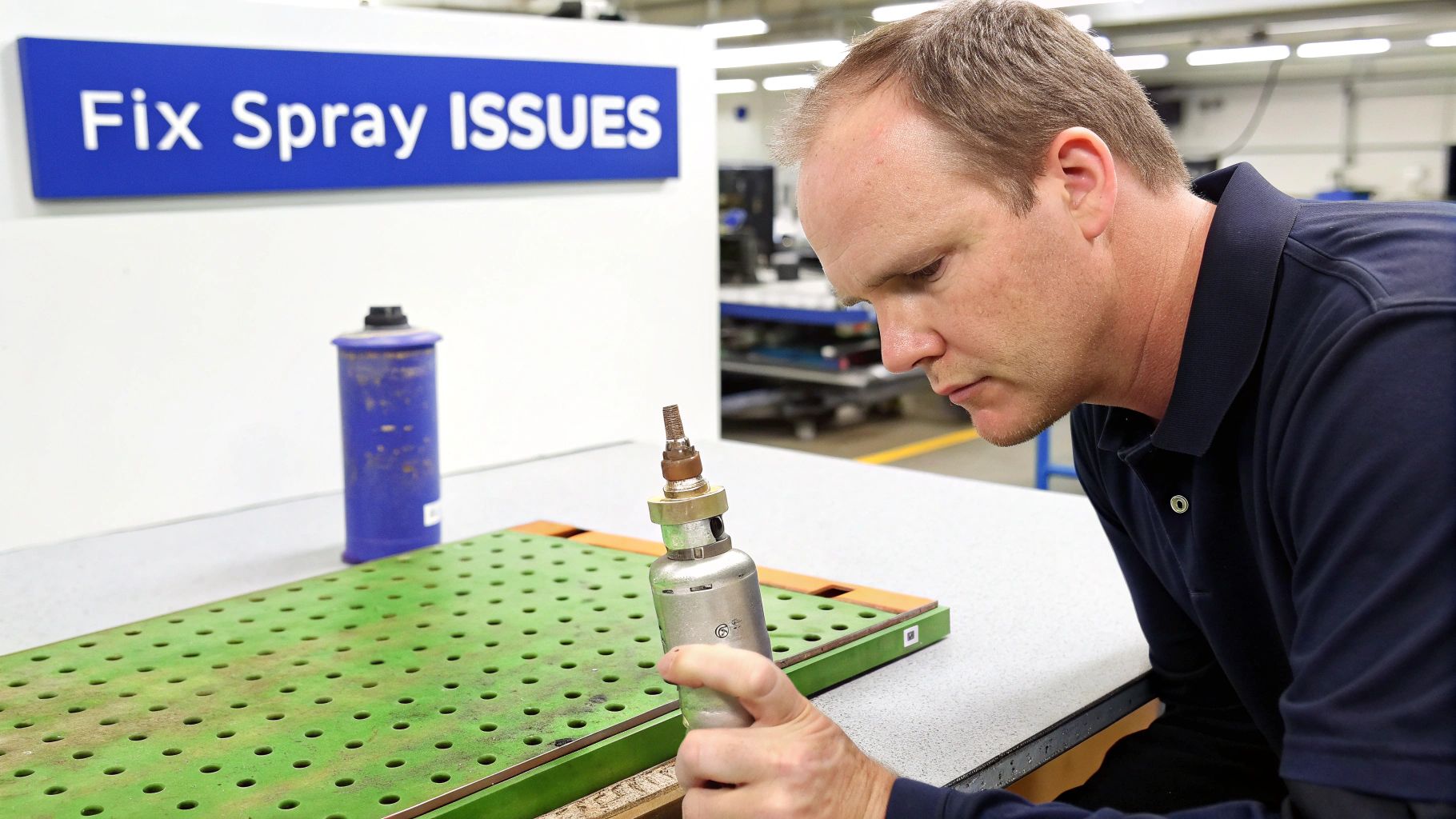A man in a workshop meticulously inspects a metal sprayer tip, with a 'Fix Spray Issues' sign behind him.