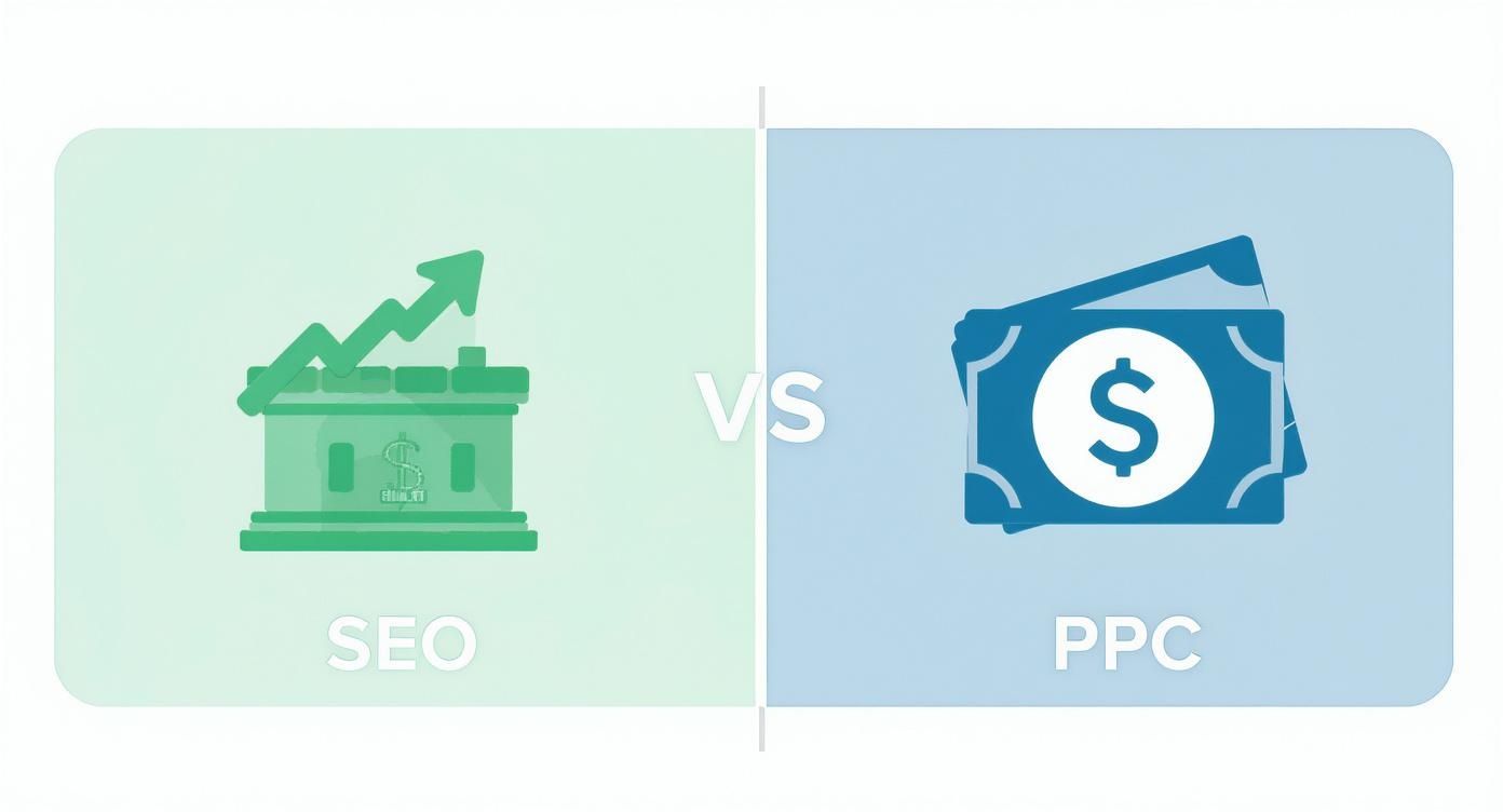 Illustration comparing SEO and PPC marketing strategies, showing organic growth versus paid advertising.