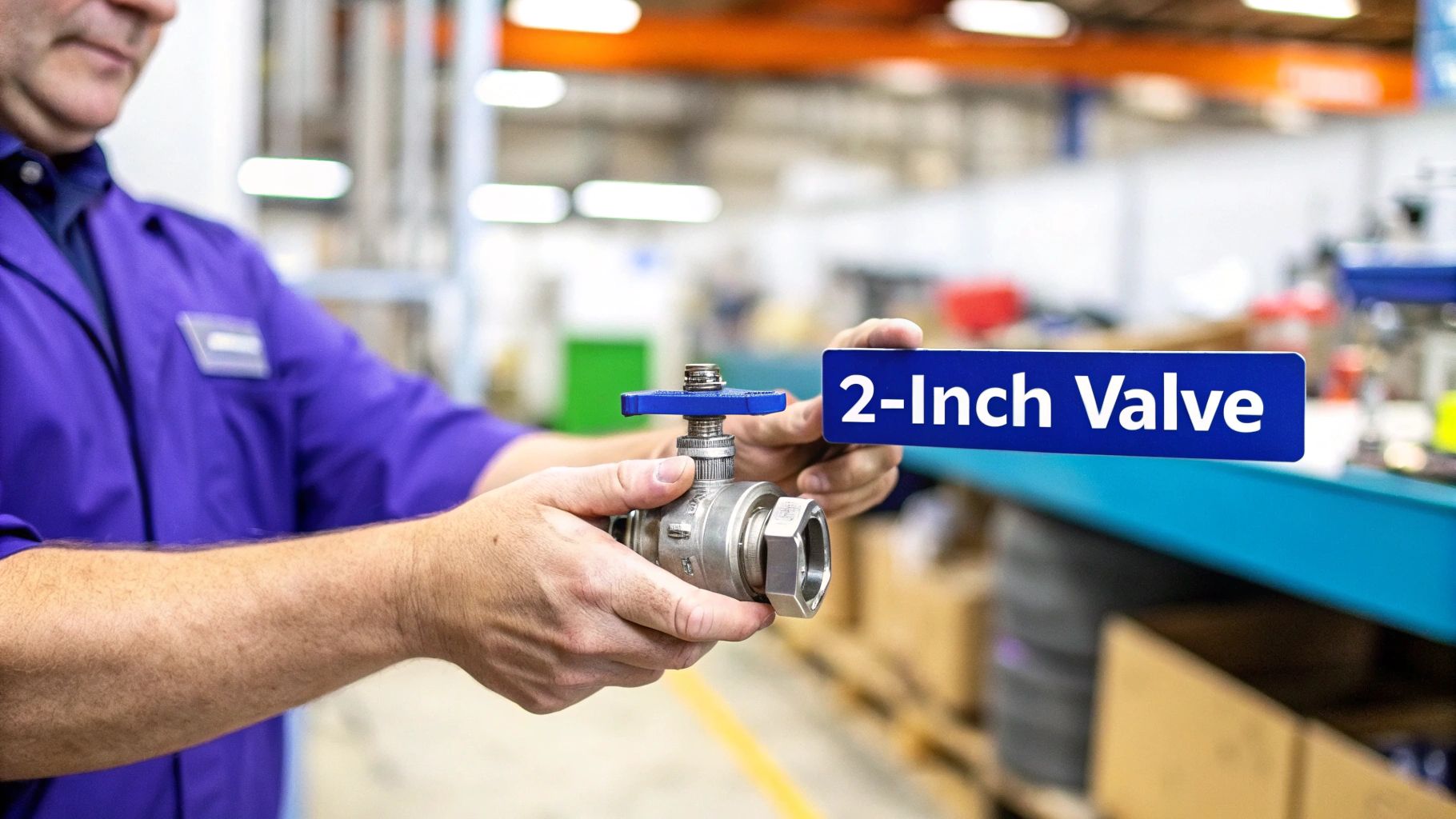 A worker in a purple uniform holds a 2-inch stainless steel ball valve with a label.