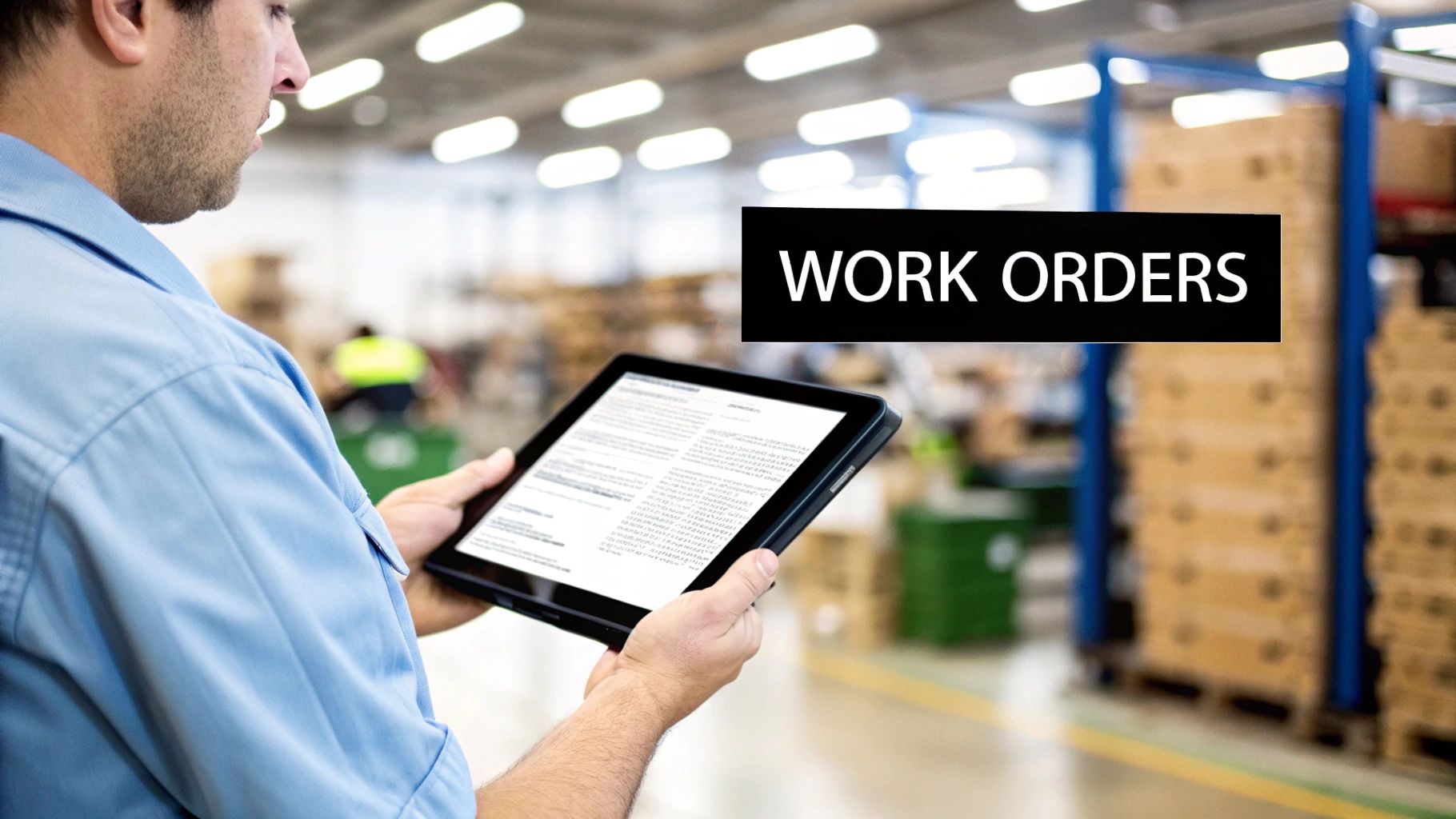 A worker in a blue shirt uses a tablet displaying work orders in a warehouse setting.