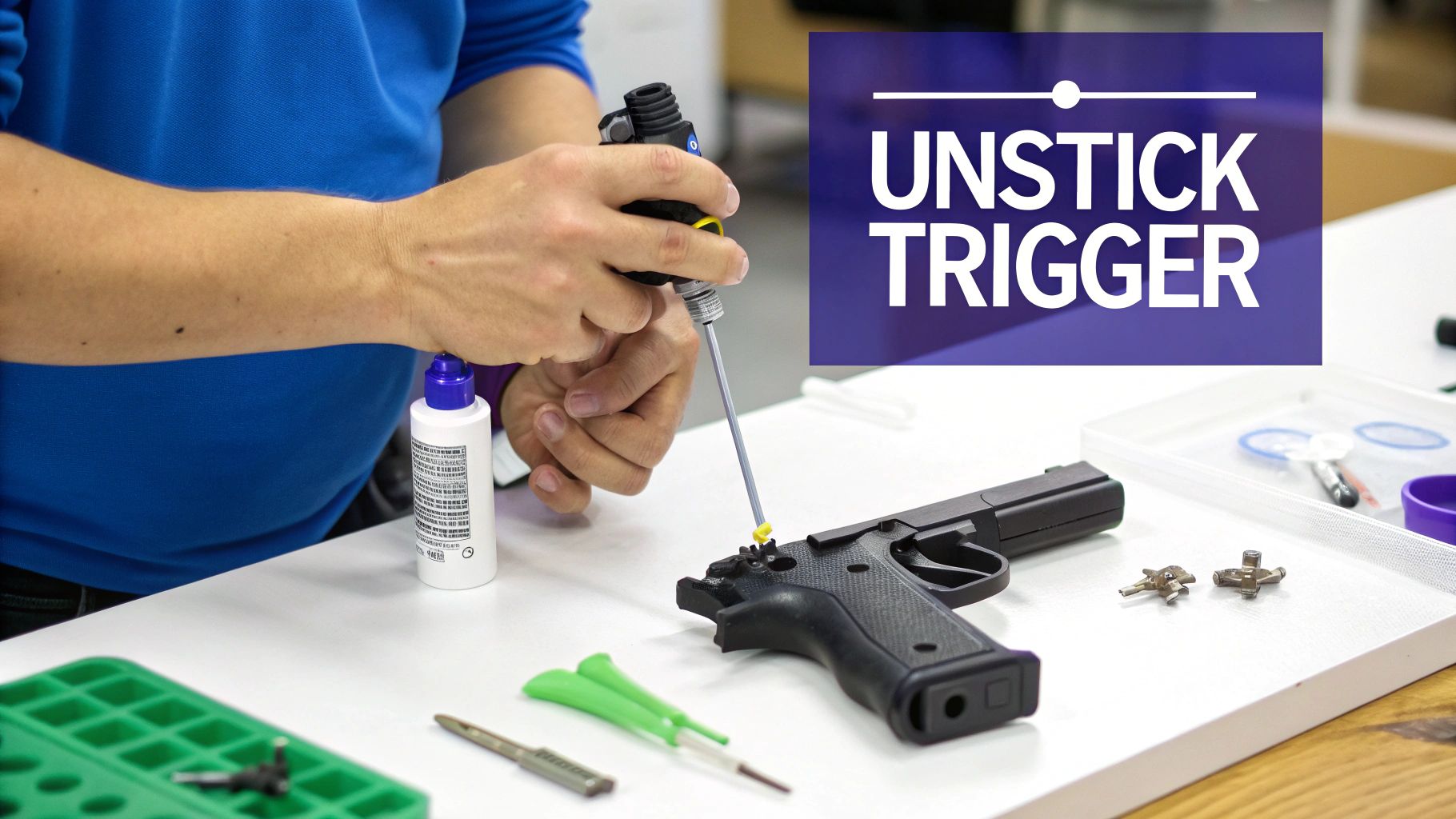A person disassembles a handgun with tools, troubleshooting a stuck trigger on a white table.