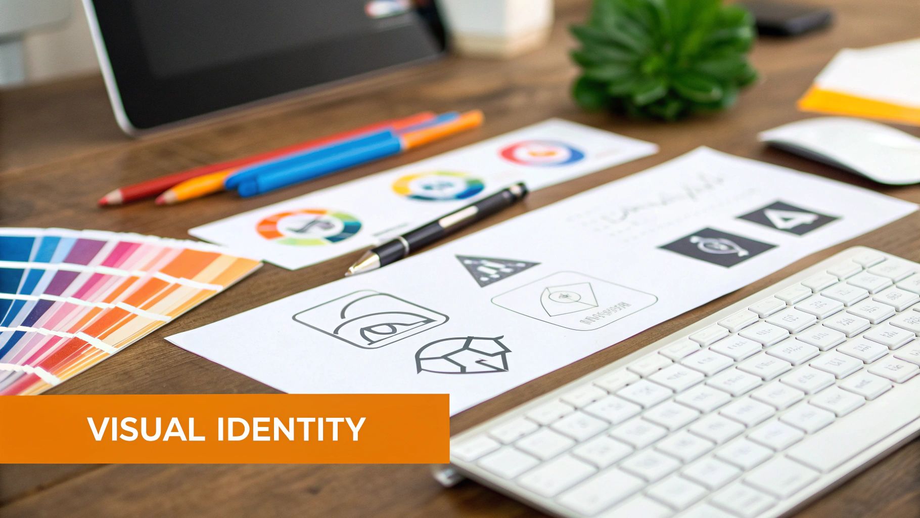 A flat lay of a designer's desk with color palettes, logo sketches, and digital devices.