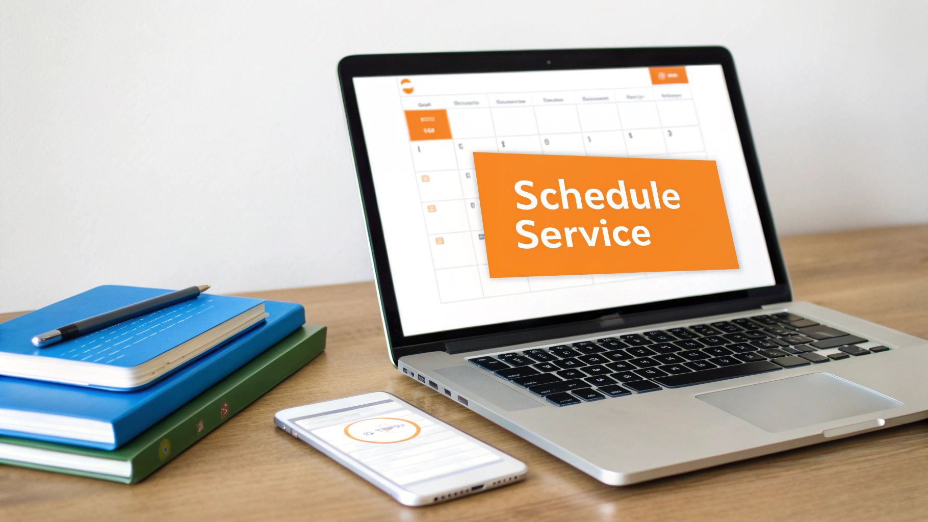 A laptop screen displays a 'Schedule Service' button on a calendar, next to a smartphone and notebooks.