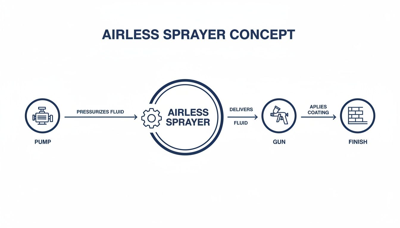 Diagram illustrating the airless sprayer concept, from pump pressurizing fluid to gun applying coating for a finish.