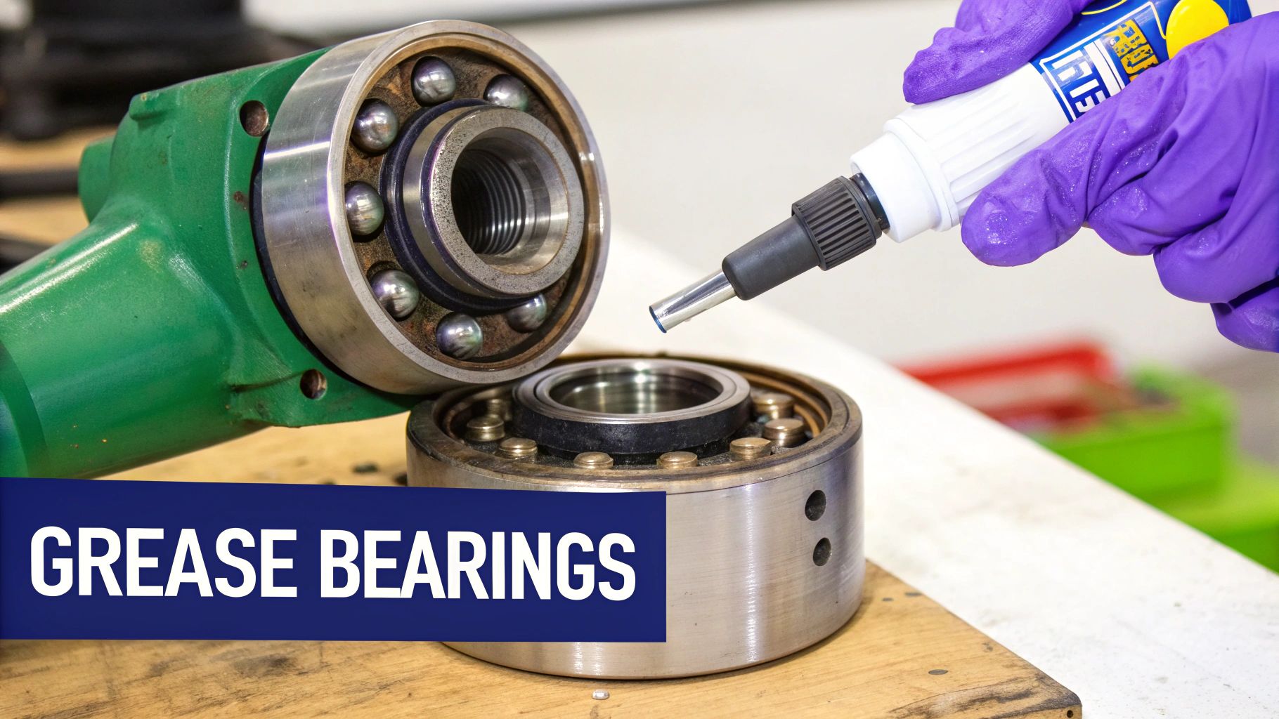 A person in purple gloves applies grease from a tube to a metal bearing, emphasizing maintenance.