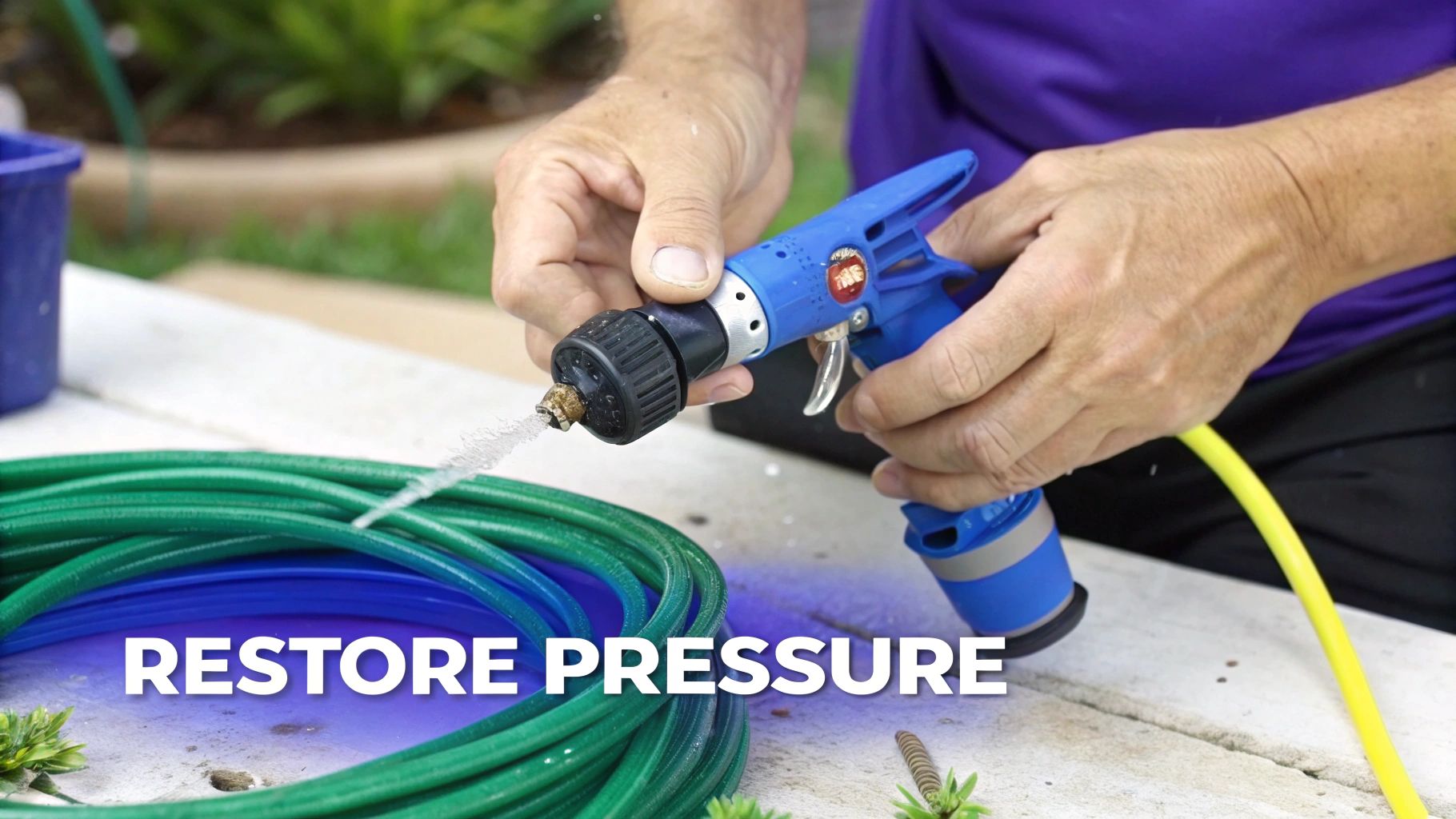 Close-up of hands holding a blue hose nozzle spraying water, with a coiled green garden hose.