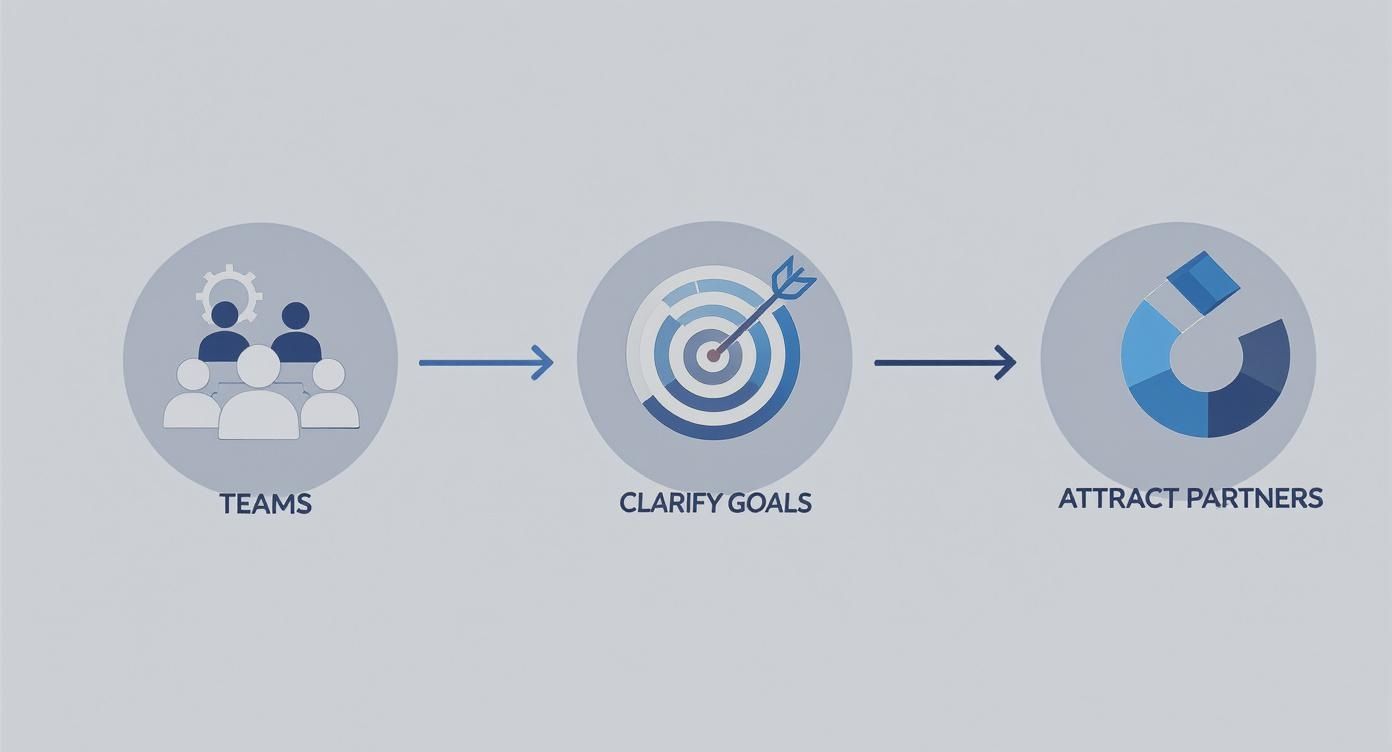 A diagram illustrating a three-step business process: teams clarify goals to attract partners.