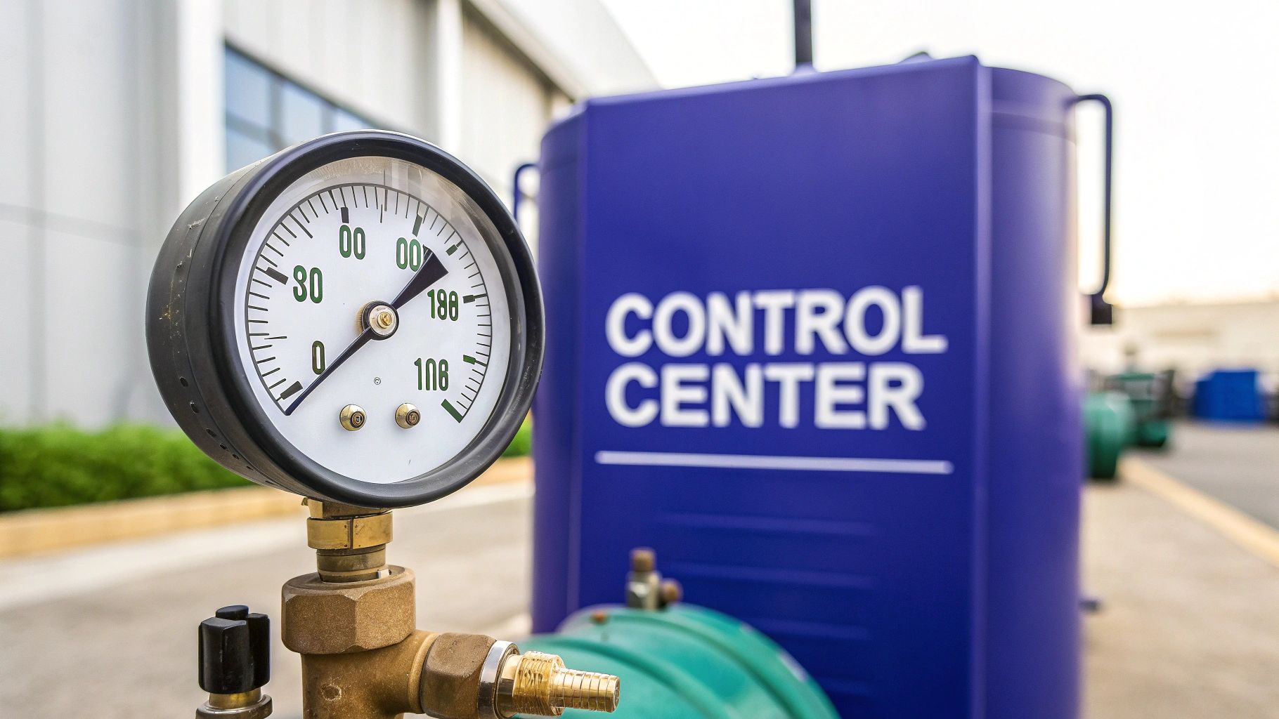 A close-up of an industrial pressure gauge connected to equipment, with a blue 'CONTROL CENTER' box in the background.