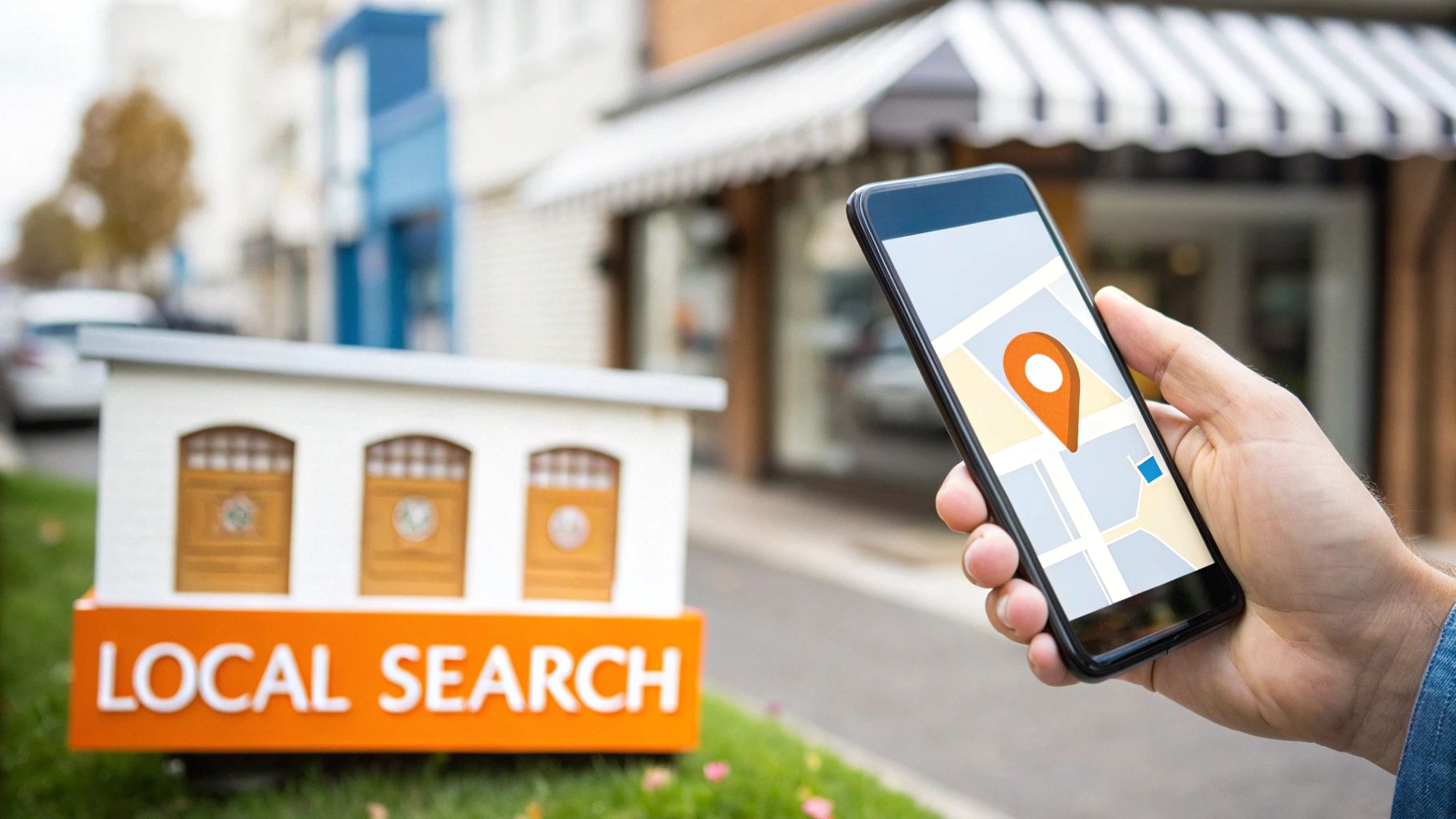 A hand holds a smartphone displaying a map with a prominent location pin, next to a "LOCAL SEARCH" sign.