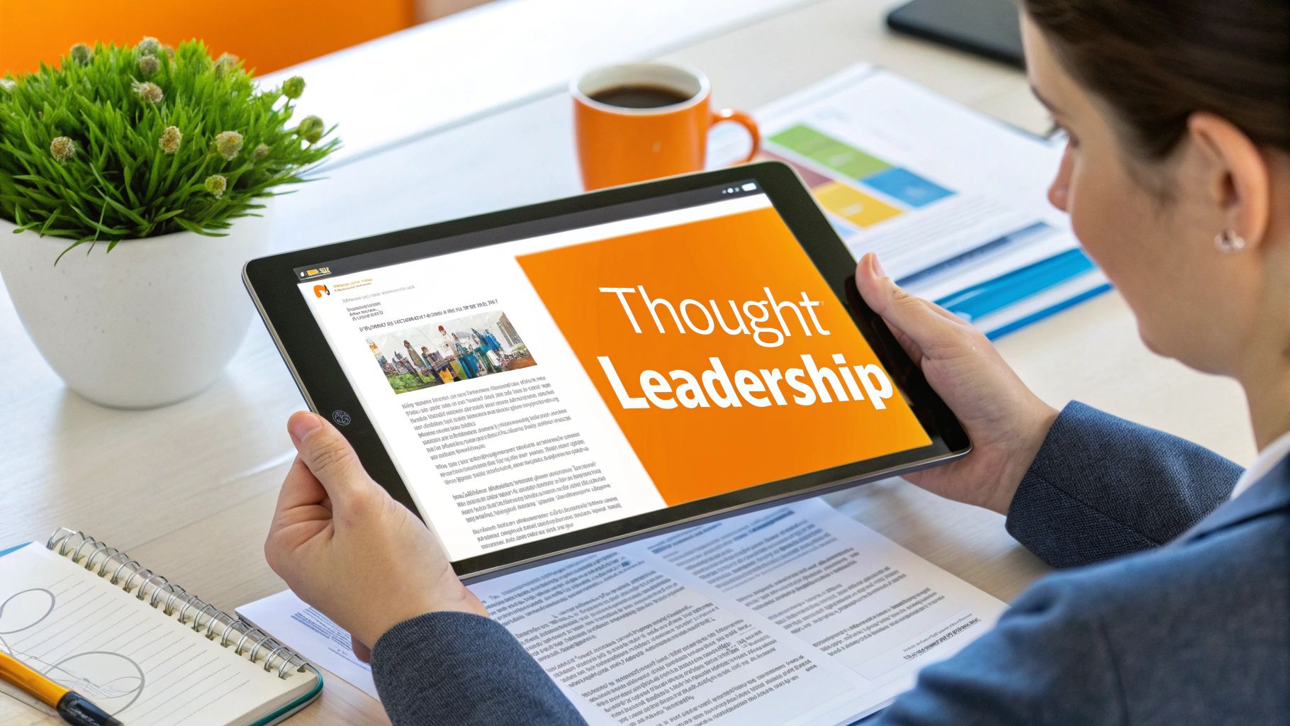 A person holds a tablet displaying "Thought Leadership" on an orange background, with office items.