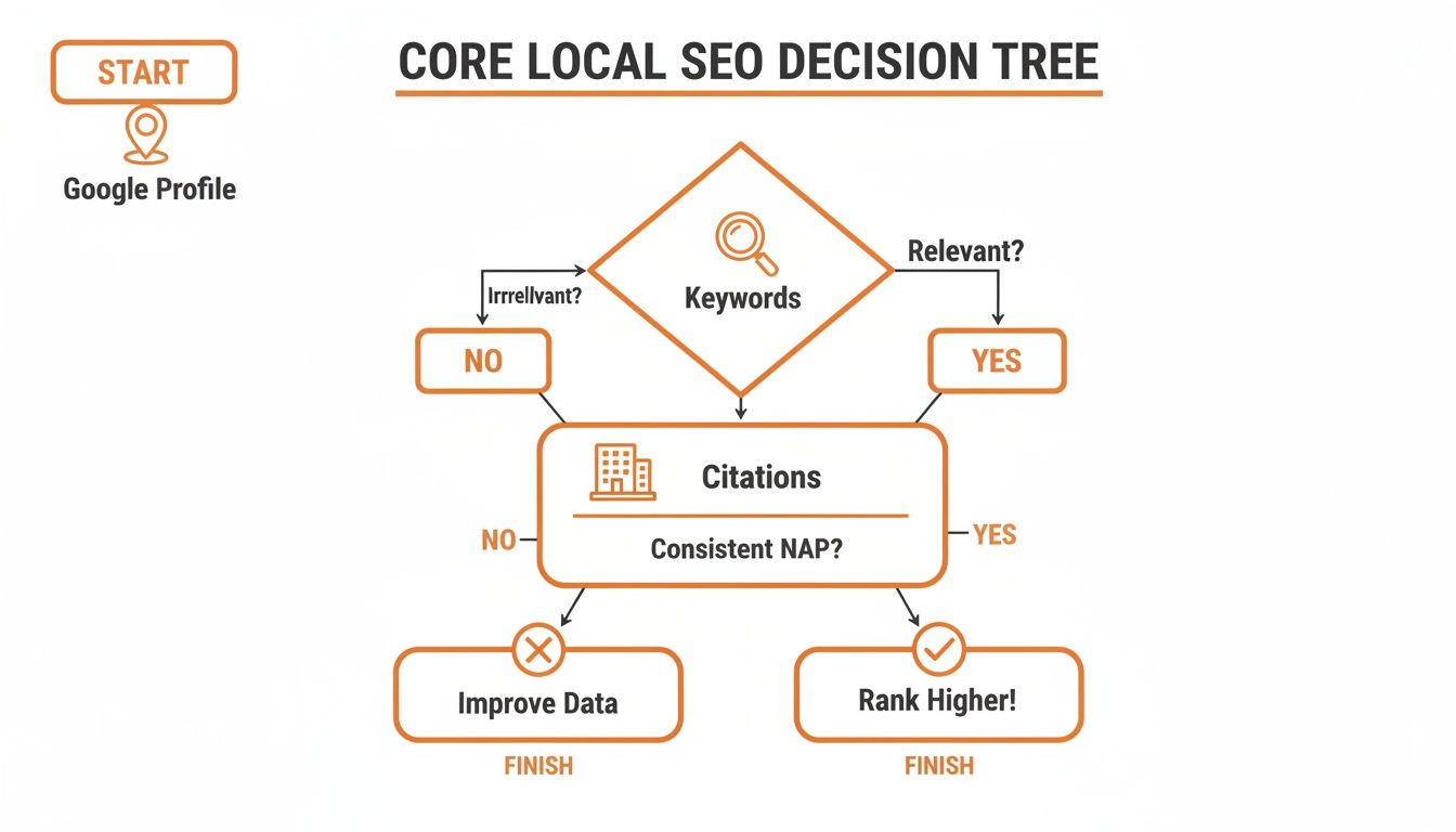 Core Local SEO Decision Tree flowchart showing steps for Google Profile, keywords, and citations.