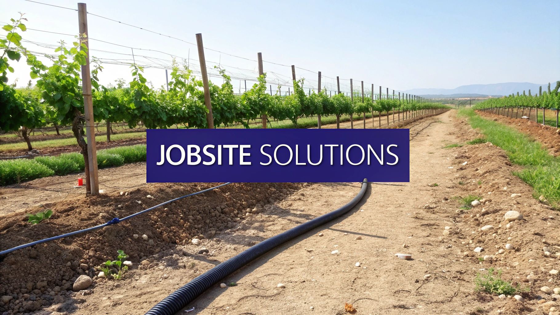 A dirt path through a sunny vineyard with rows of grapevines and irrigation hoses, including a black discharge hose.