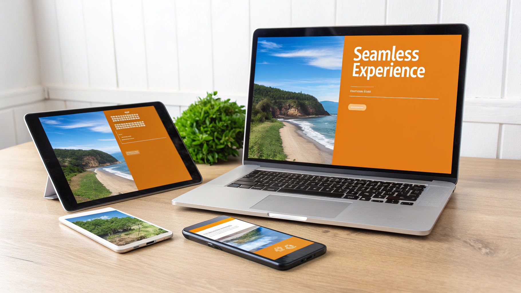 Multiple digital devices displaying a responsive website design with a scenic beach background, highlighting a seamless user experience.