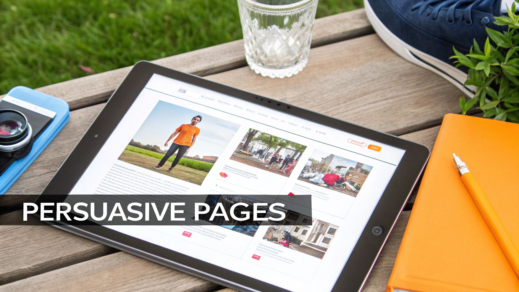 A tablet on a wooden table displays persuasive web pages outdoors, alongside a phone, drink, and notebook.