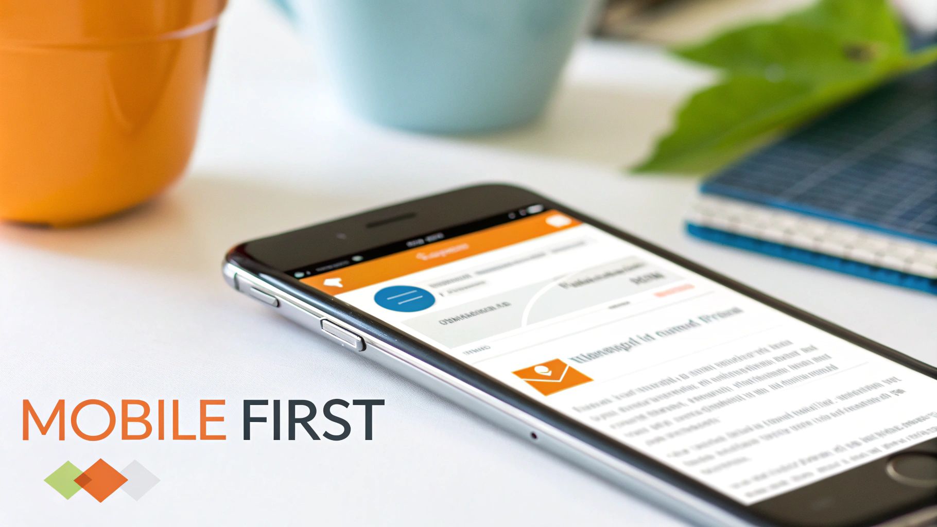 A smartphone displays an email marketing interface, with 'MOBILE FIRST' text overlay.