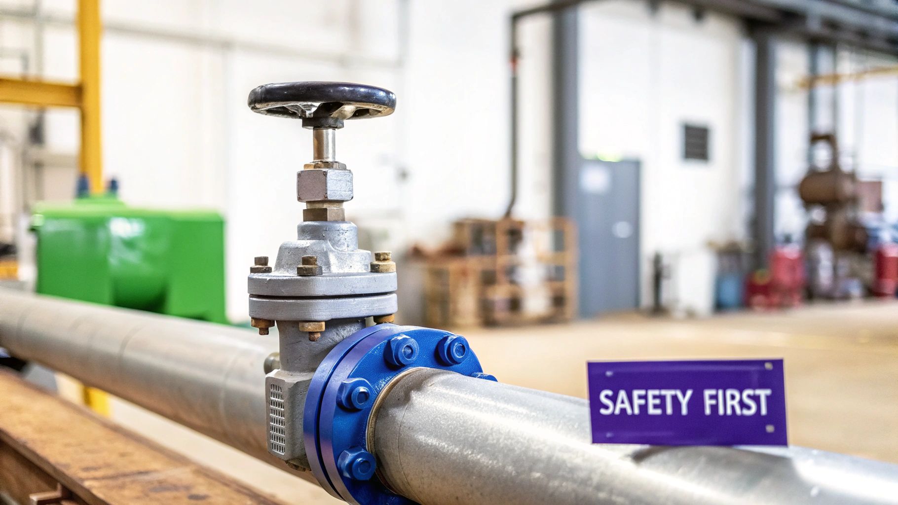 Close-up of an industrial pipeline with a grey valve, blue flanges, and a 'SAFETY FIRST' sign.